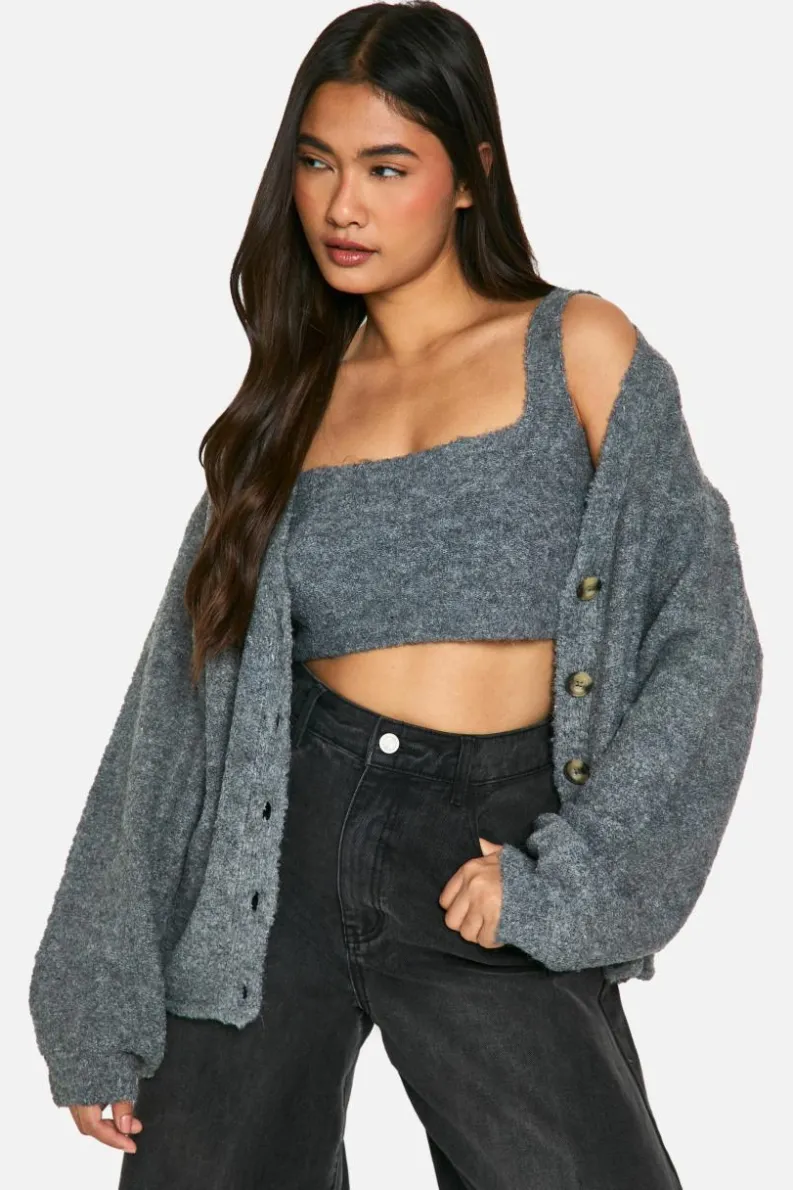 Clearance boohoo Slouchy Cardigan And Bralet Borg Knit Co-ord grey