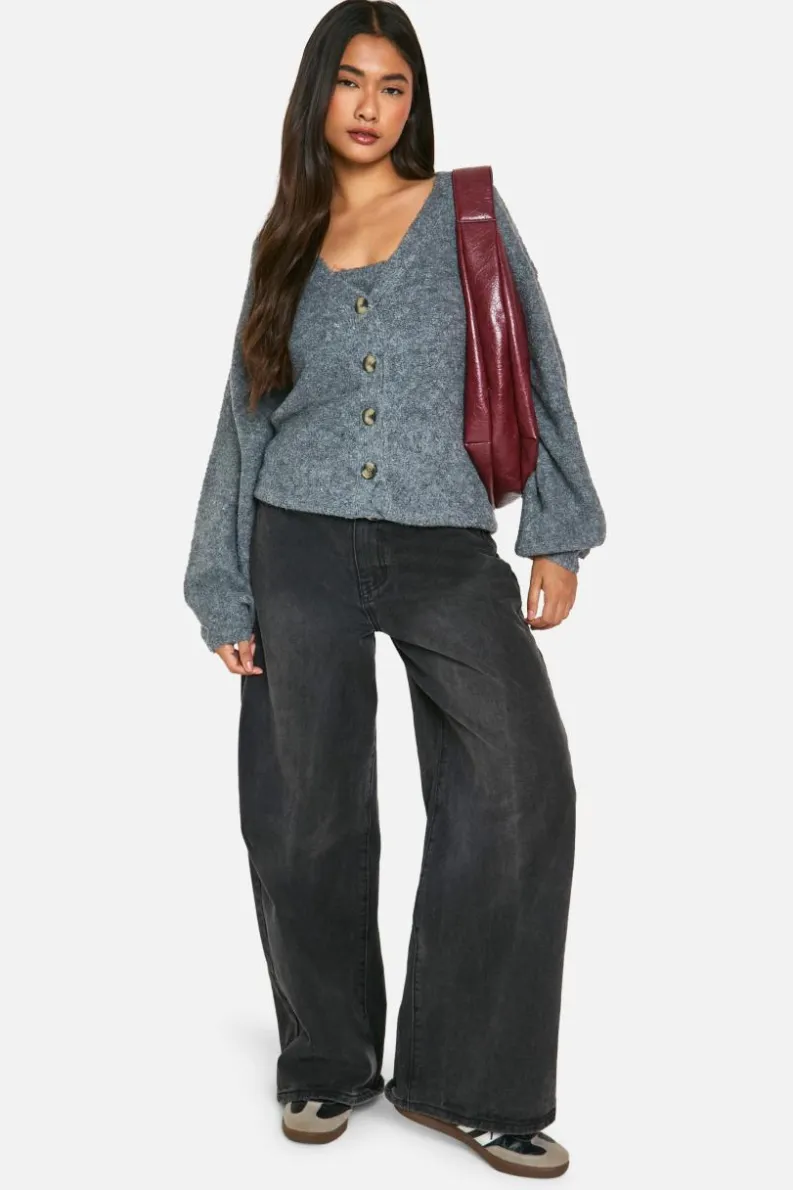 Clearance boohoo Slouchy Cardigan And Bralet Borg Knit Co-ord grey