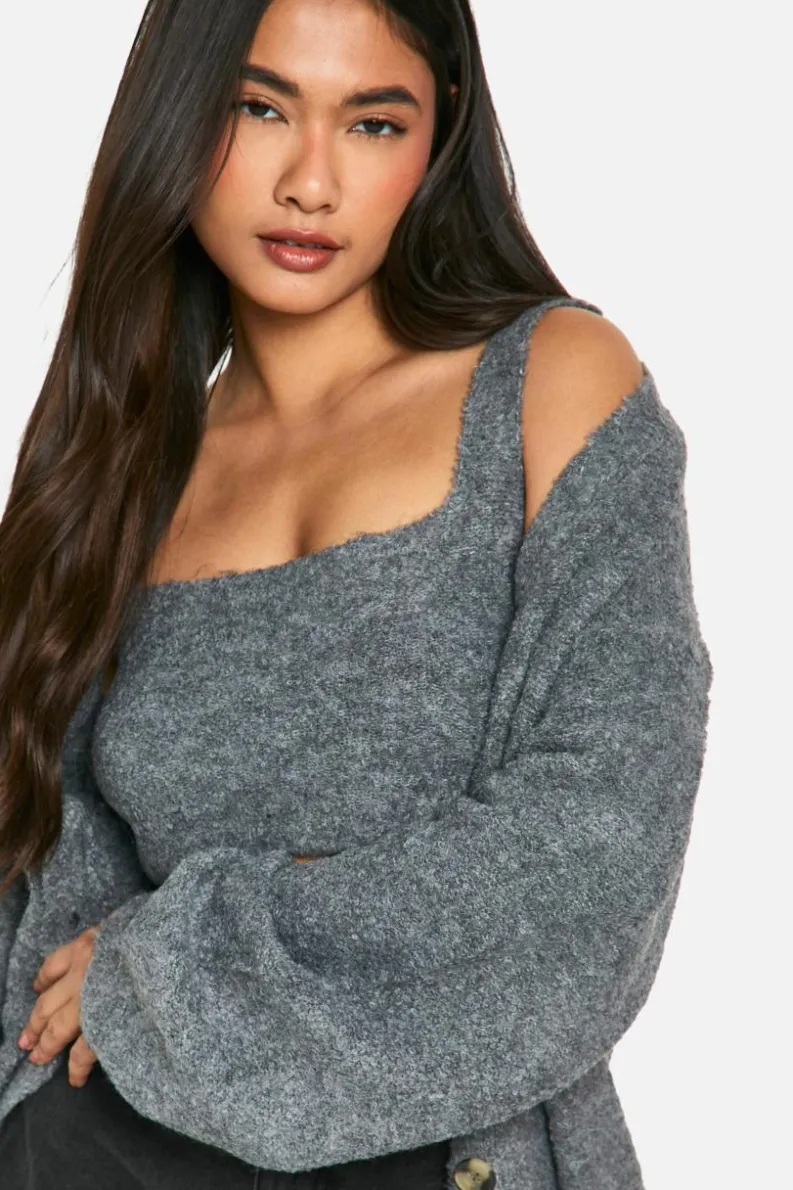 Clearance boohoo Slouchy Cardigan And Bralet Borg Knit Co-ord grey