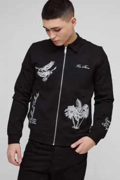 Flash Sale boohooMAN Smart Harrington Scuba Super Heavyweight Embroidered Bomber Jacket black