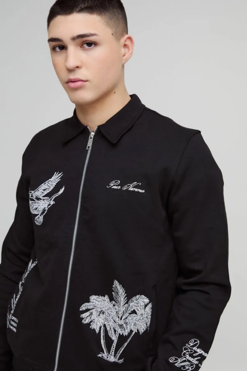 Flash Sale boohooMAN Smart Harrington Scuba Super Heavyweight Embroidered Bomber Jacket black
