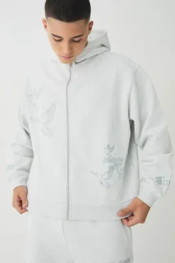 Best boohooMAN Smart Oversized Boxy Embroidered Super Heavyweight Zip Through Loopback Hoodie ash grey