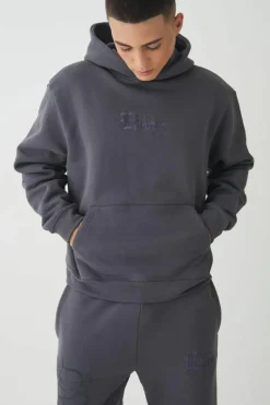 Discount boohooMAN Smart Oversized Boxy Super Heavyweight Embroidered Hoodie charcoal
