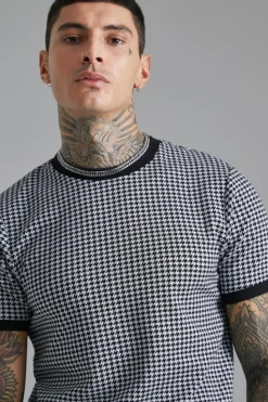 Best boohooMAN Smart Slim Dogtooth Jacquard Ringer T-shirt black