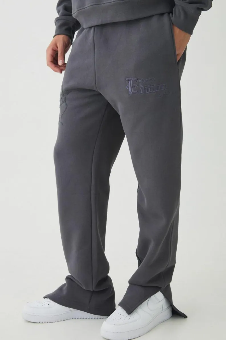 Clearance boohooMAN Smart Split Hem Flock Super Heavyweight Embroidered Joggers charcoal