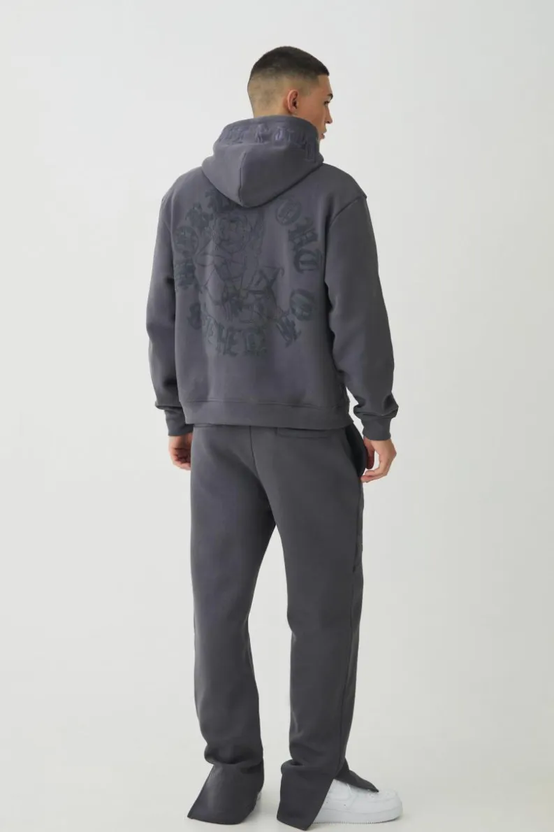 Clearance boohooMAN Smart Split Hem Flock Super Heavyweight Embroidered Joggers charcoal