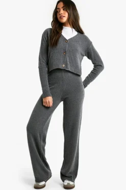 Outlet boohoo Soft Knit V Neck Cardigan and Wide Leg Knitted Co-Ord charcoal