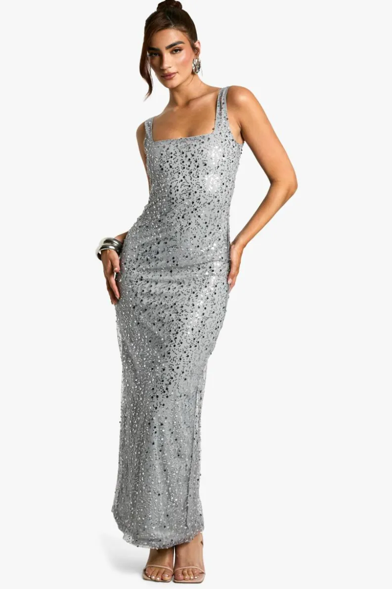 Store boohoo Square Neck Sequin Column Maxi Dress silver
