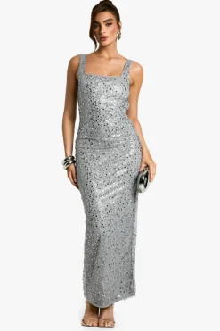 Store boohoo Square Neck Sequin Column Maxi Dress silver
