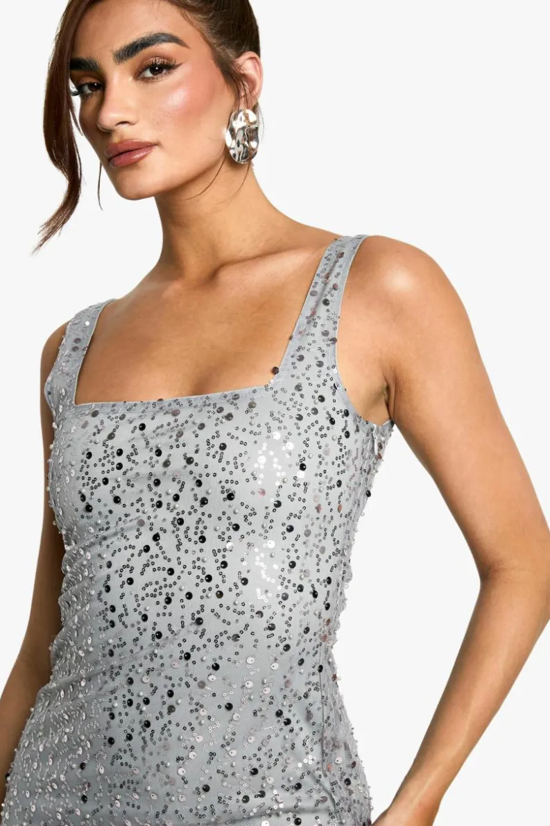Store boohoo Square Neck Sequin Column Maxi Dress silver