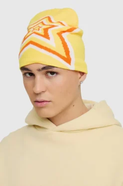Sale boohooMAN Star Graphic Beanie in yellow