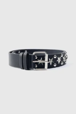 Discount boohooMAN Star Studded Silver Buckle Belt black