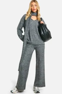 Best boohoo Stitch Detail V Neck Oversized Knitted Jumper And Scarf And Wide Leg Trouser grey
