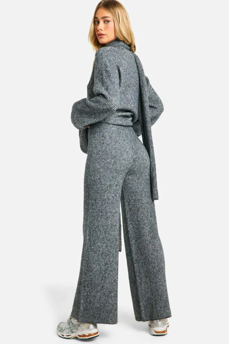 Best boohoo Stitch Detail V Neck Oversized Knitted Jumper And Scarf And Wide Leg Trouser grey