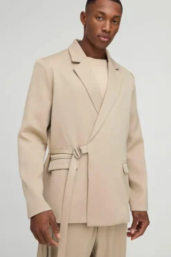 Outlet boohooMAN Straight Fit Wrap Front Blazer stone