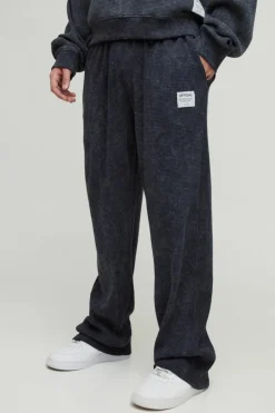 Sale boohooMAN Straight Leg Acid Wash Heavy Waffle Jogger With Woven Tab black