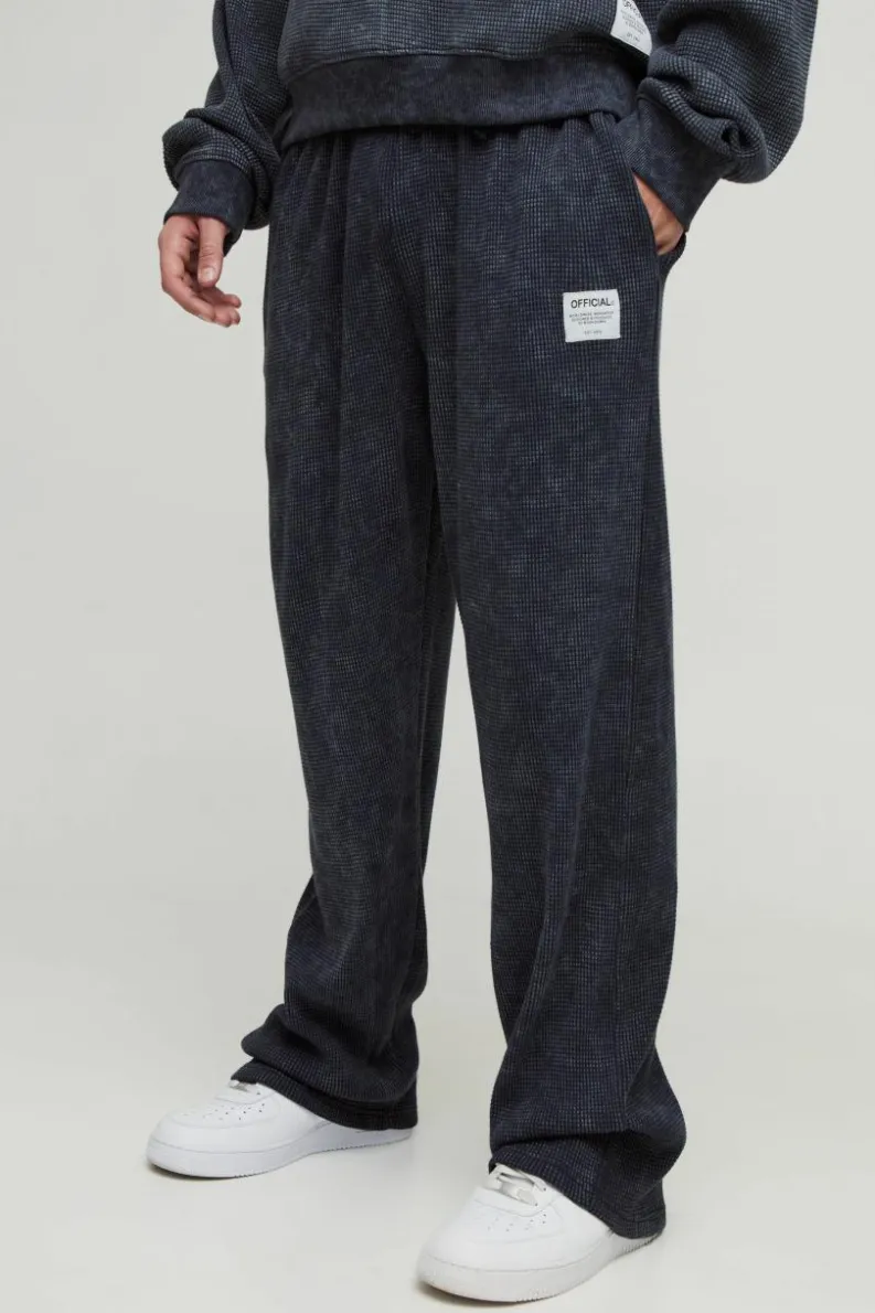 Sale boohooMAN Straight Leg Acid Wash Heavy Waffle Jogger With Woven Tab black