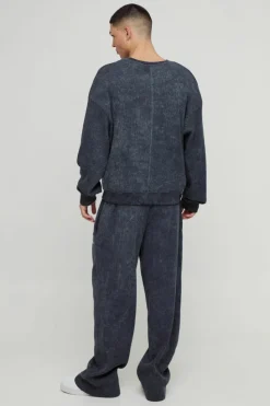 Sale boohooMAN Straight Leg Acid Wash Heavy Waffle Jogger With Woven Tab black