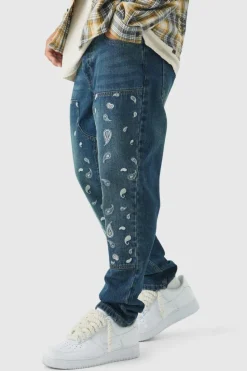 Shop boohooMAN Straight Leg Antique Carpenter Paisley Embroidered Jeans antique blue