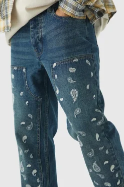 Shop boohooMAN Straight Leg Antique Carpenter Paisley Embroidered Jeans antique blue