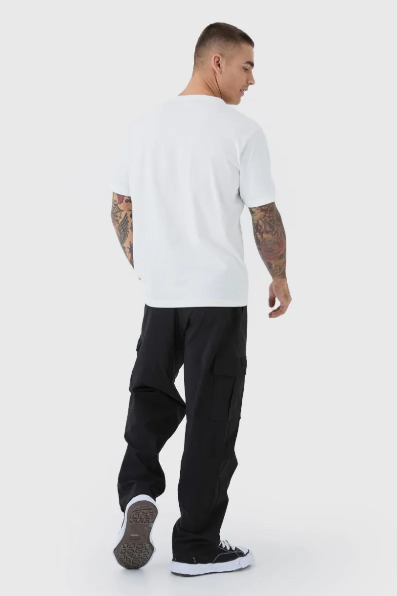 Shop boohooMAN Straight Leg Elasticated Waist Bengaline Cargo Trouser black