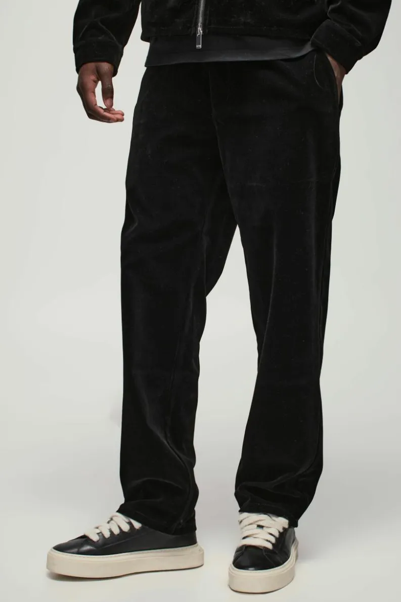 Store boohooMAN Straight Leg Half Fixed Waistband Velour Trousers black