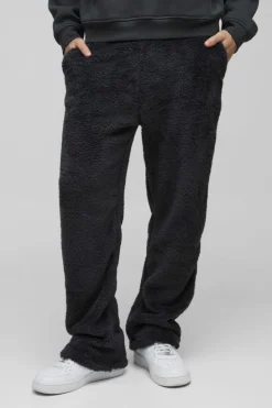 Outlet boohooMAN Straight Leg Teddy Borg Joggers charcoal