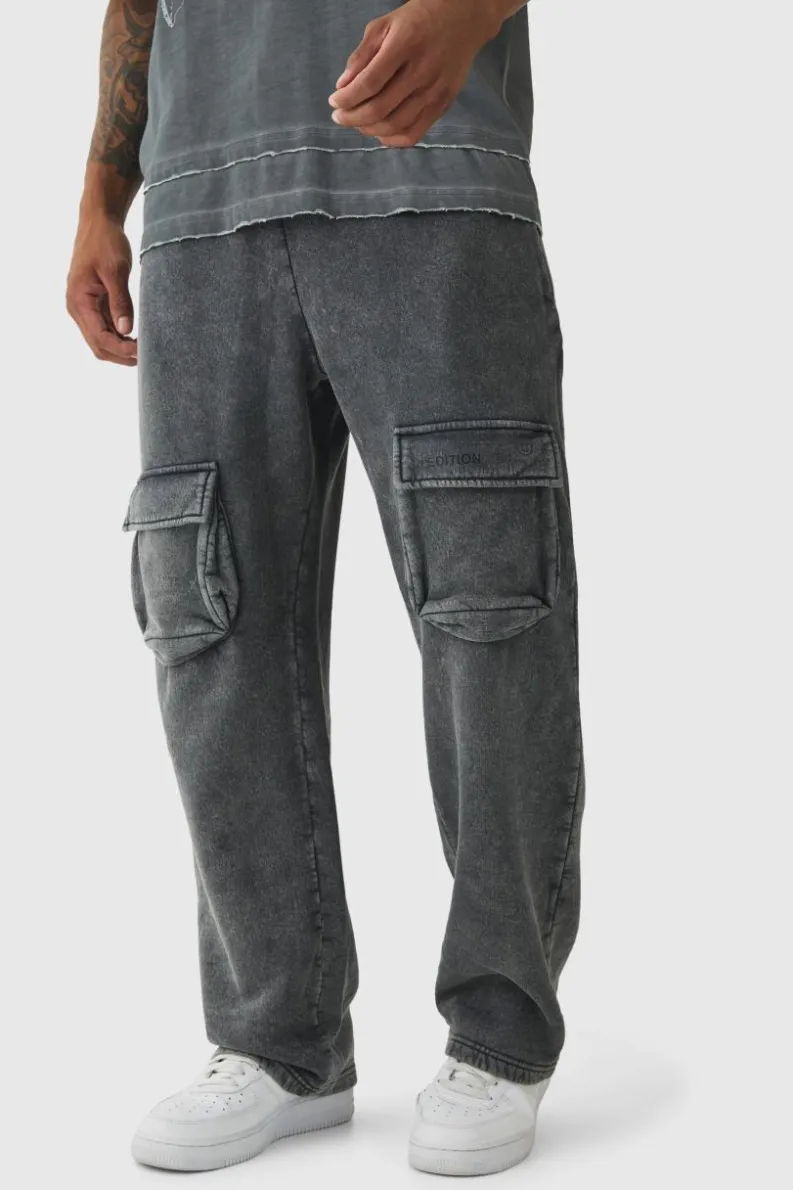 Discount boohooMAN Straight Leg Washed Cargo Limited Edition Jogger charcoal