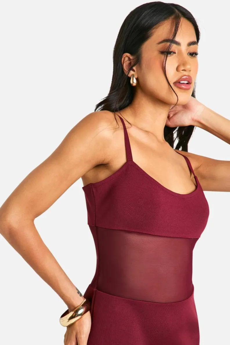 Discount boohoo Strappy Bandage Mesh Insert Maxi Dress plum