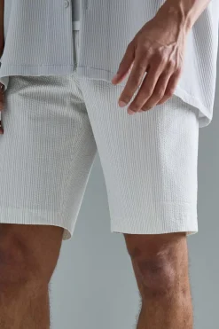 Shop boohooMAN Stripe Seersucker Fixed Waist Regular Fit Shorts ecru