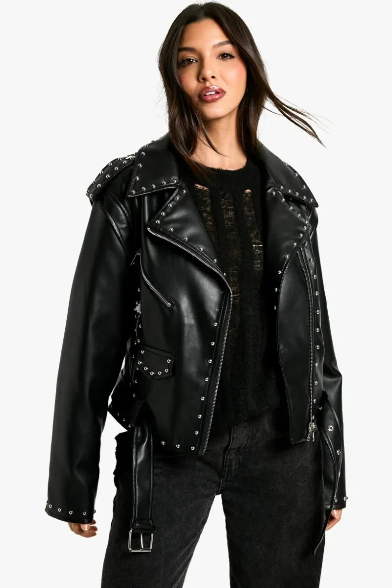 Online boohoo Studded Faux Leather Biker Jacket true black