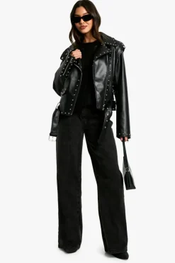 Online boohoo Studded Faux Leather Biker Jacket true black