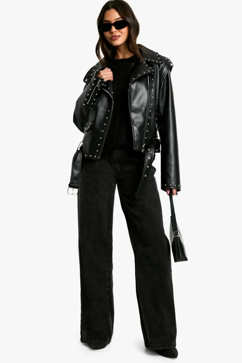 Online boohoo Studded Faux Leather Biker Jacket true black