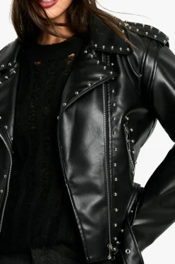 Online boohoo Studded Faux Leather Biker Jacket true black