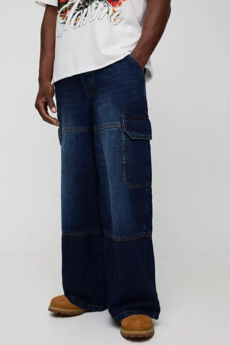 Best Sale boohooMAN Super Baggy Rigid Cargo Denim Jeans indigo