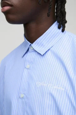 Flash Sale boohooMAN Super Oversized Long Sleeve Embroidered Stripe Shirt blue