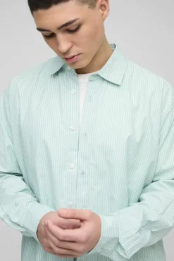 Hot boohooMAN Super Oversized Long Sleeve Stripe Shirt green