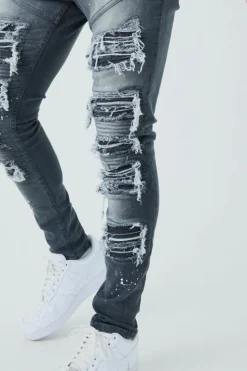Flash Sale boohooMAN Super Skinny Biker Rip & Repair Paint Splatter Jeans grey