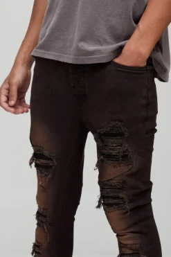 Cheap boohooMAN Super Skinny Stretch Biker Rip & Repair Denim Jeans brown