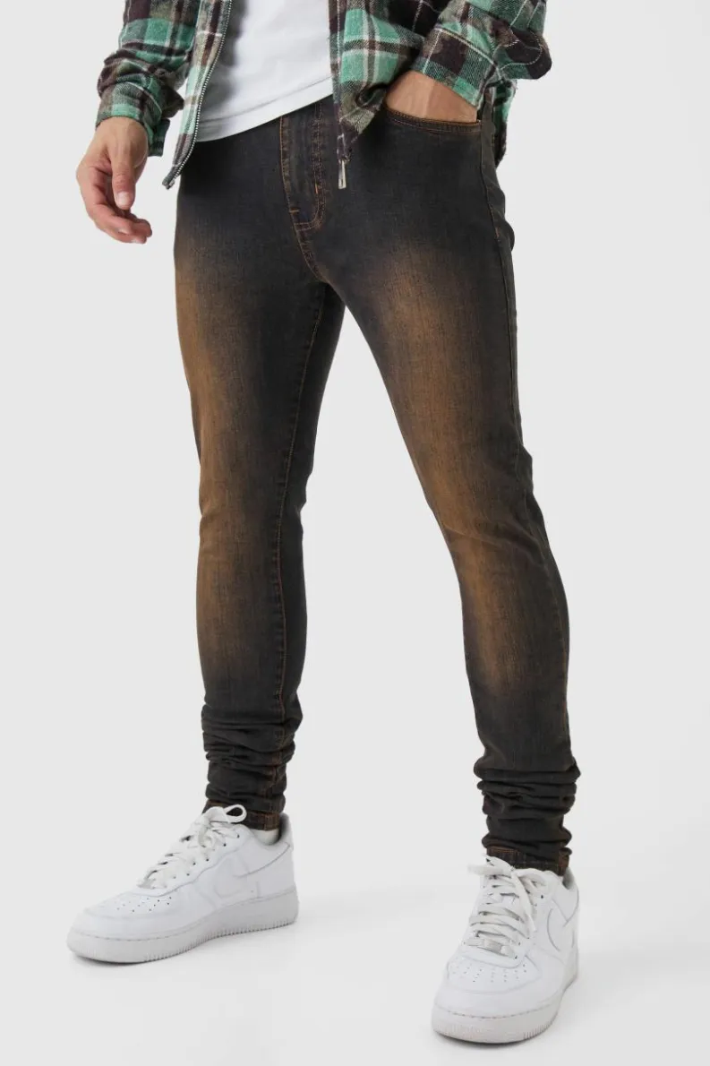 Online boohooMAN Super Skinny Stretch Stacked Tinted Jeans brown