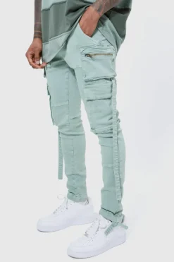 Cheap boohooMAN Super Skinny Stretch Strap Detail Cargo Jeans sage