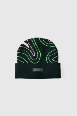Cheap boohooMAN Swirl Print Man Tab Graphic Beanie black