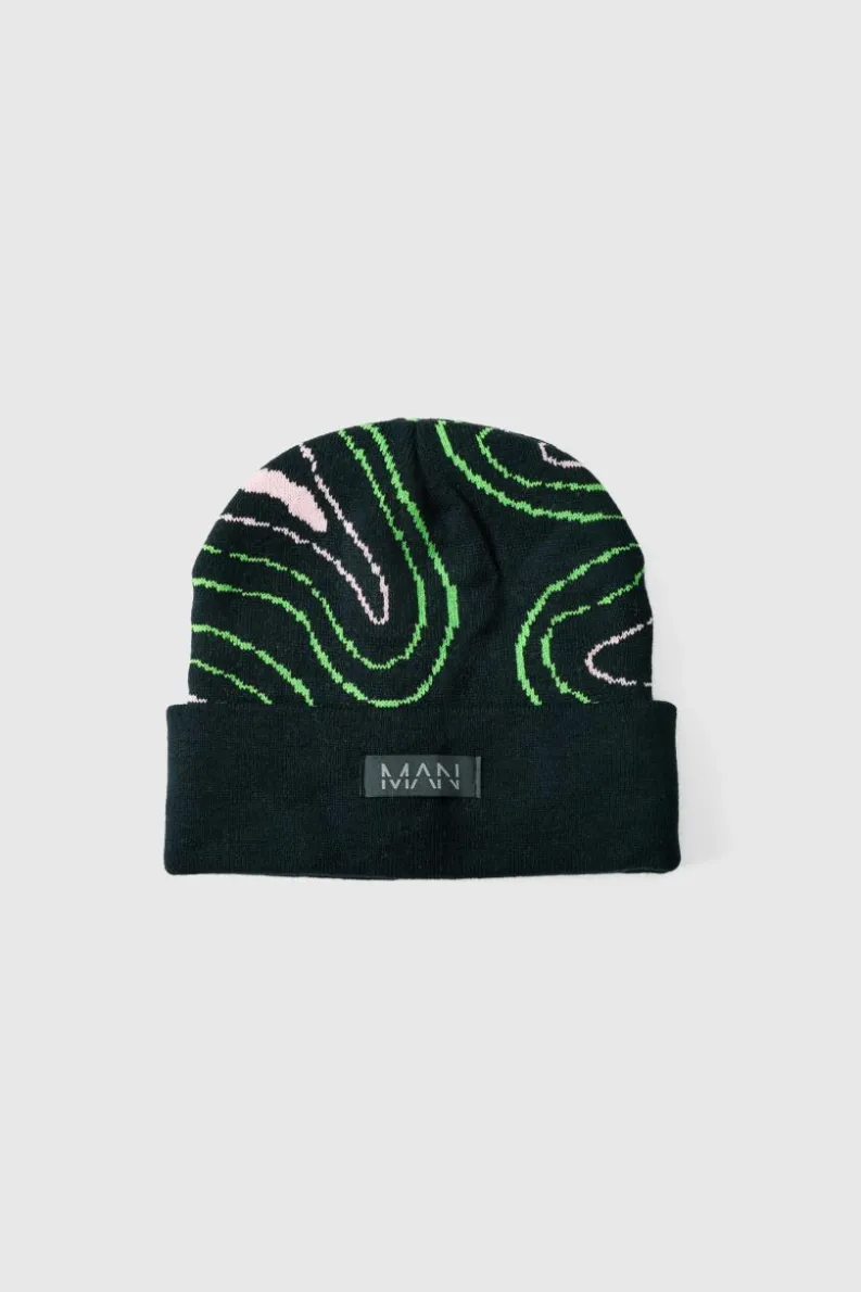 Cheap boohooMAN Swirl Print Man Tab Graphic Beanie black