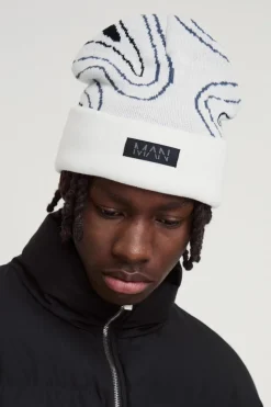 Hot boohooMAN Swirl Print Man Tab Graphic Beanie white