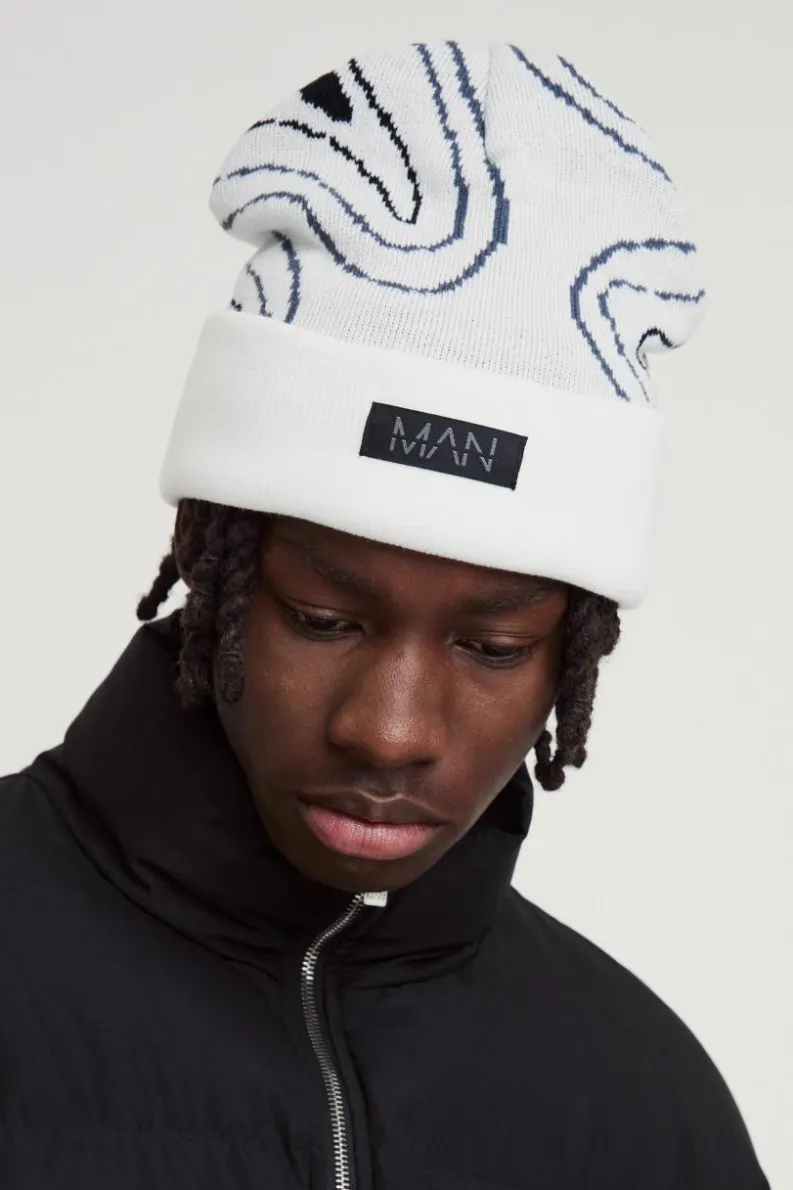 Hot boohooMAN Swirl Print Man Tab Graphic Beanie white