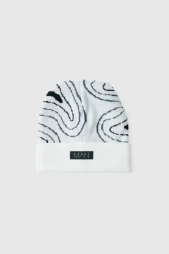 Hot boohooMAN Swirl Print Man Tab Graphic Beanie white