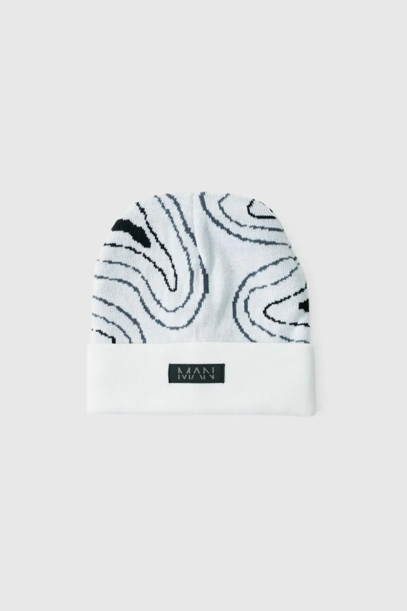 Hot boohooMAN Swirl Print Man Tab Graphic Beanie white