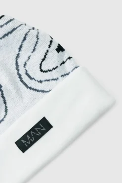 Hot boohooMAN Swirl Print Man Tab Graphic Beanie white