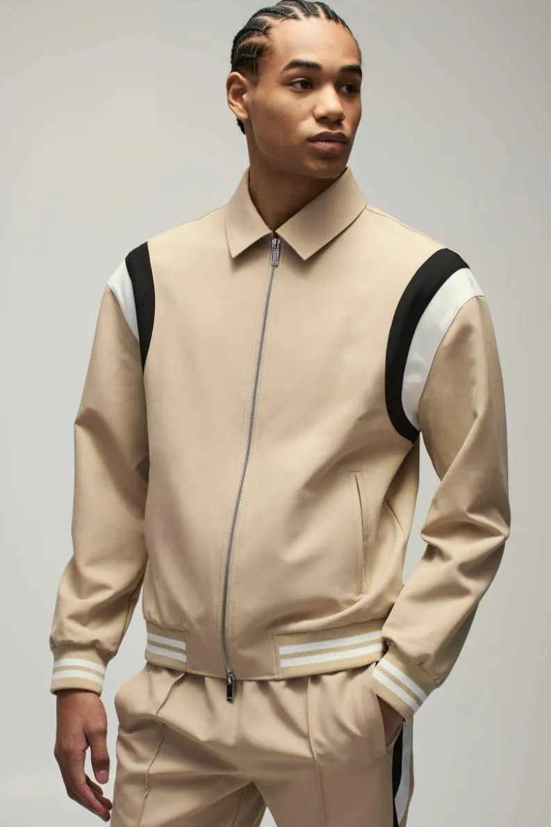 Store boohooMAN Tailored Collared Varsity Bomber Jacket stone