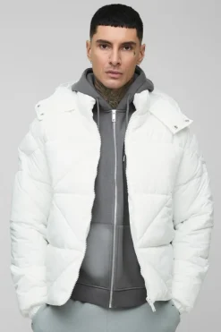 Best boohooMAN Tall Abstract Quilted Puffer Jacket In white